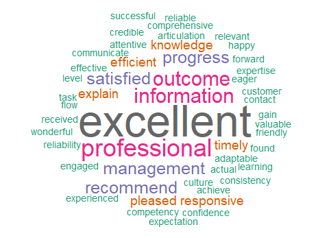 Words used in our client testimonials: Excellent, professional, outcome, information, recommend, etc. 